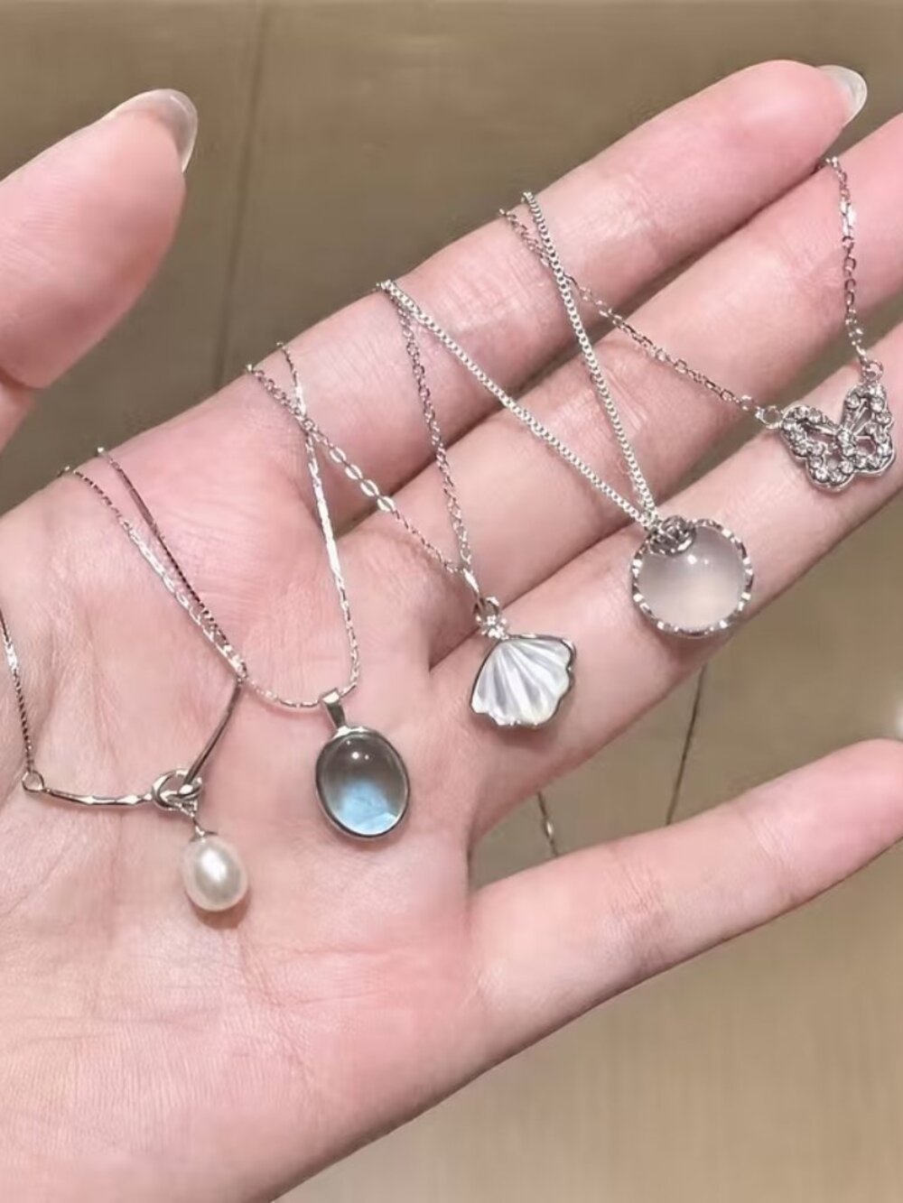 5pc Shell Butterfly Pearl Moonstone Aquamarine Necklace Jewelry Set
